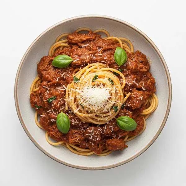 Simple Fresh Beef Ragout with basil spaghetti