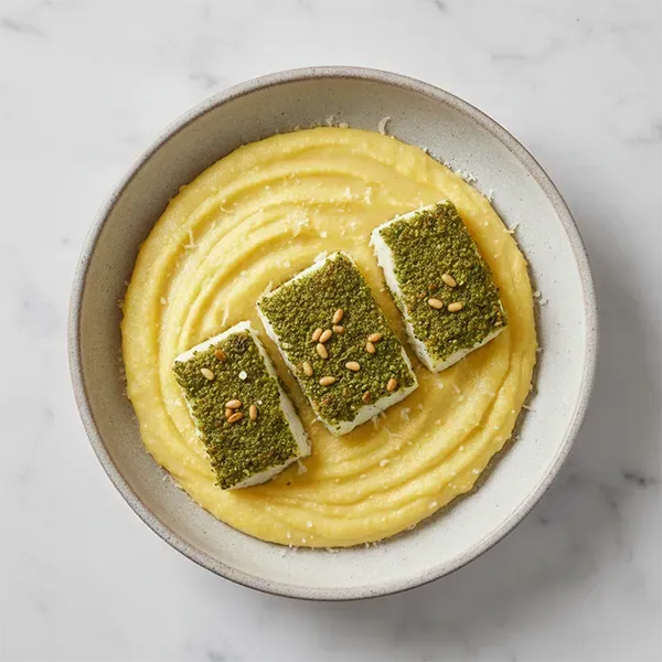 Pesto Crusted Fish with Creamy Polenta
