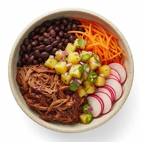 Pulled Beef Bowl Black Beans/Shredded Carrot/ Red Radish with Pineapple Jalapeno Salsa