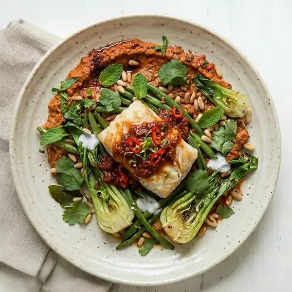 Sambal Zest Fish with wok tossed bok choy and beans