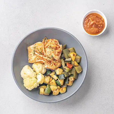 Sriracha Kimchi Fish with Veg & Tomato Salsa