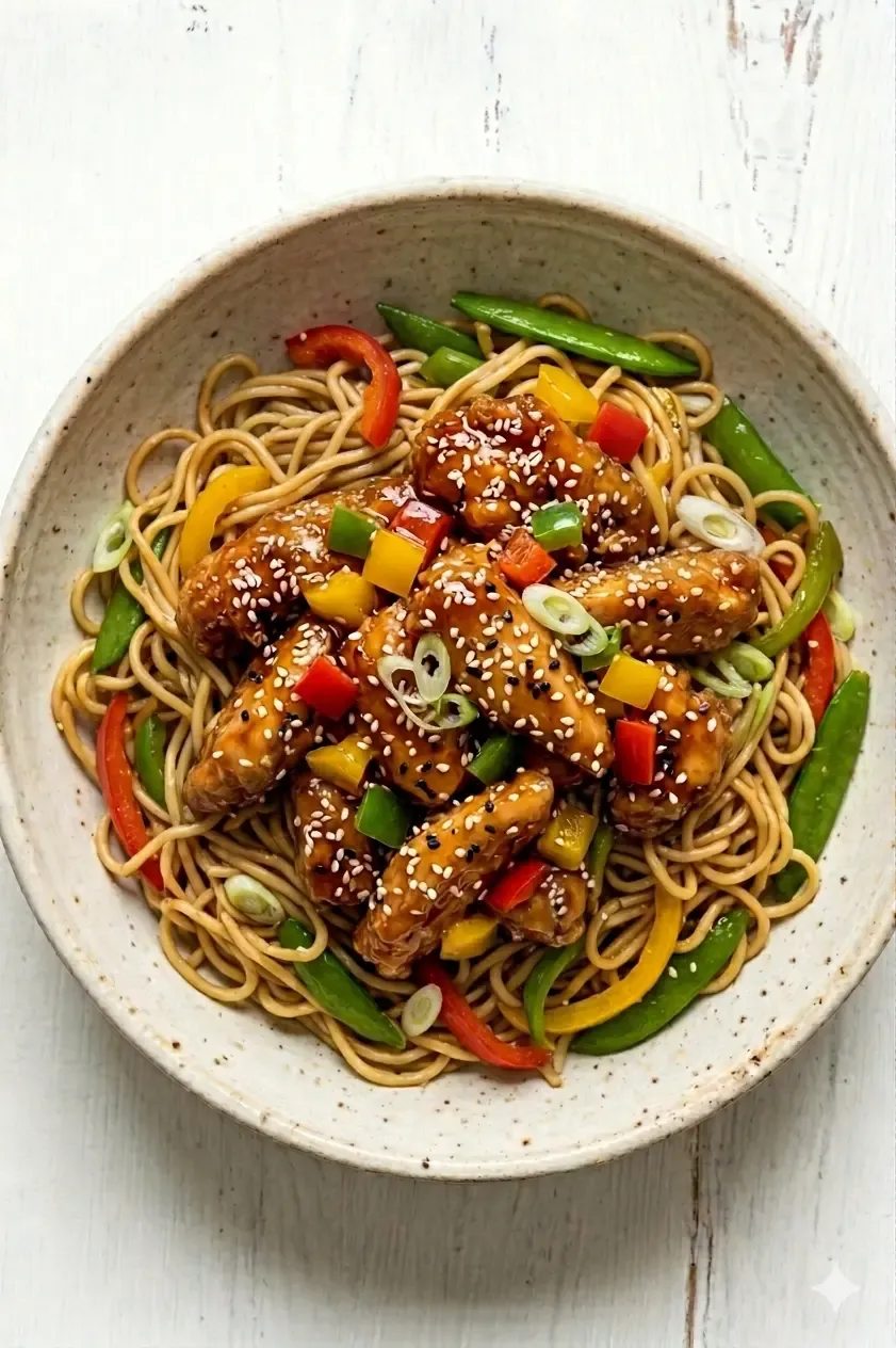 Sesame Chicken with bell pepper and buttered vegetable noodles