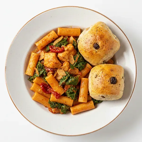 Sicilian Sun-Dried Tomato Chicken with Penne and Sautéed Tuscan Kale