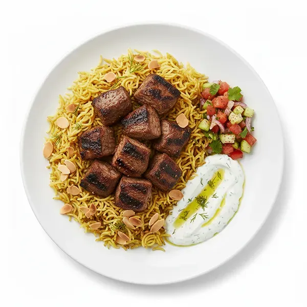 Smoked lamb mandi with dill yoghurt sauce and salatah