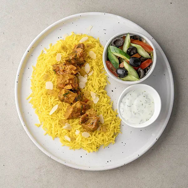 Smoked lamb mandi with dill yoghurt sauce and salatah