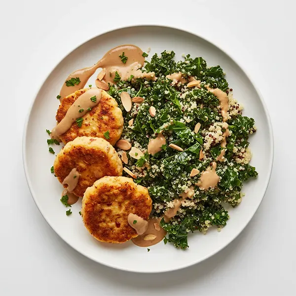Smoked Paprika Chickpea Patties with Almond Sauce & Garlic-Sautéed Kale Quinoa Mix