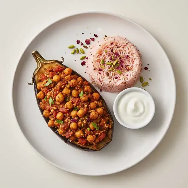 Spiced Chickpea-stuffed Eggplant with Fragrant Rose Pilaf