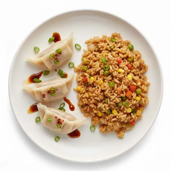Spicy Korean vegetable Dumpling and mixed veggie fried rice