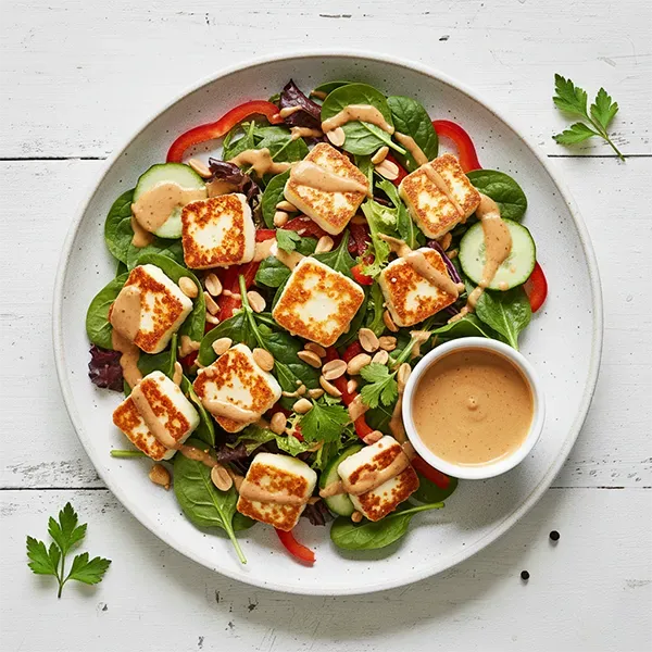 Spicy Peanut and Halloumi Salad with Mixed Greens