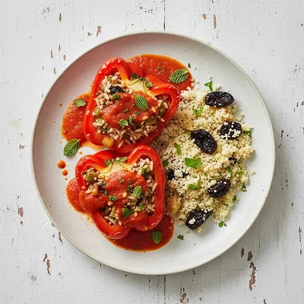 Stuffed Bell Pepper with Minted Tomato Sauce & Prune Couscous