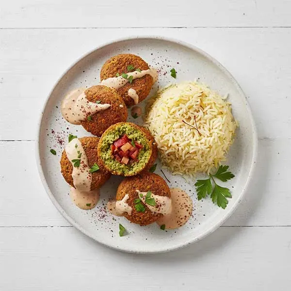 Stuffed Falafel with Sumac Tahini Sauce & Saffron Rice