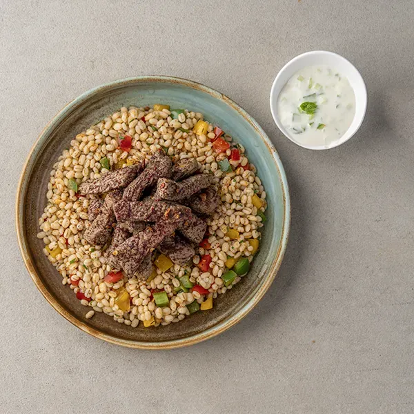 Sumac Griddle Beef With Spiced Broken Barley and Tzatziki Sauce