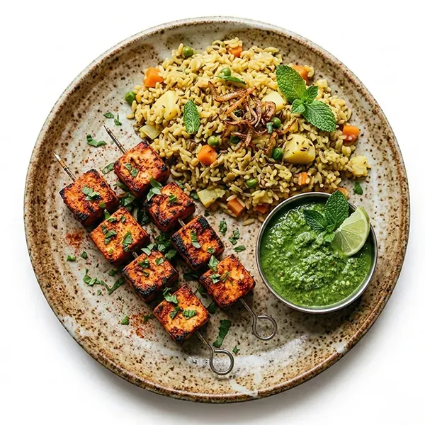 Tandoori Tofu with Mint Chutney and Lentil Pilaf
