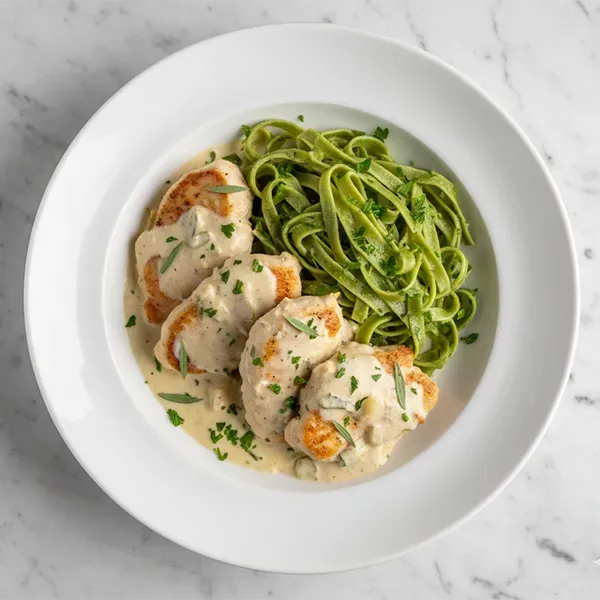 Tarragon Chicken à la crème with Parsley Fettucini