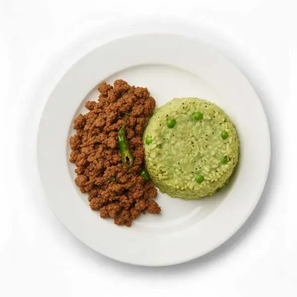 Tawa mutton keema with hara moong dal khichdi