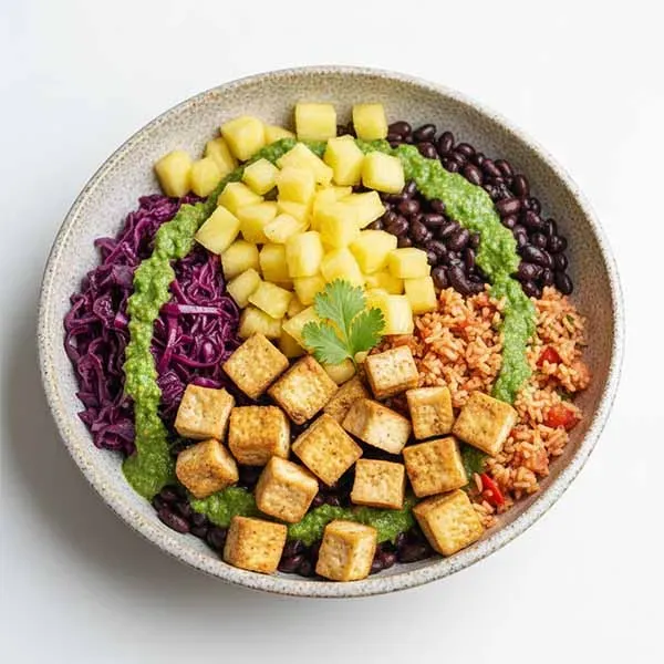 Tex-Mex Bowl - Braised Red Cabbage, Grilled Pineapple, Black Bean, Tomato Pilaf & Serrano Pepper Sauce(V)
