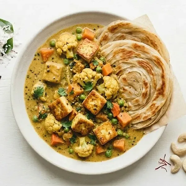 Tofu and Vegetable korma with Malabar parotta