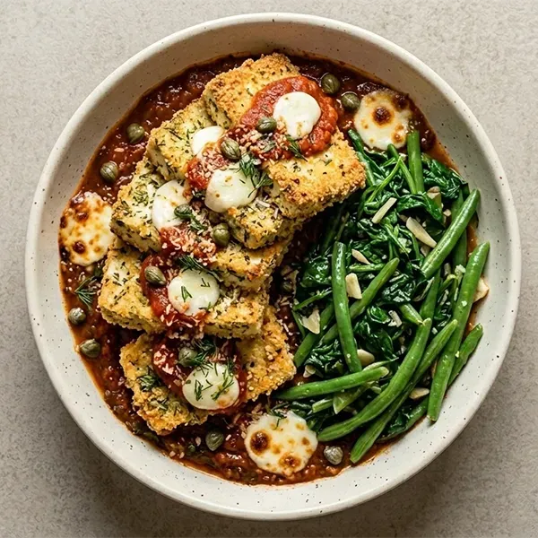 Tofu Parmesan Medallions with Garlic Spinach & Green Beans