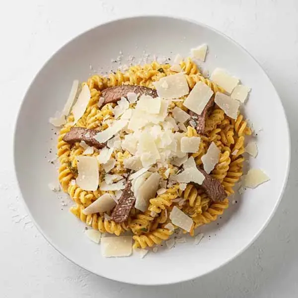 Tuscan Creamy Fusilli & Sliced Beef Pasta  with Parmesan Shave