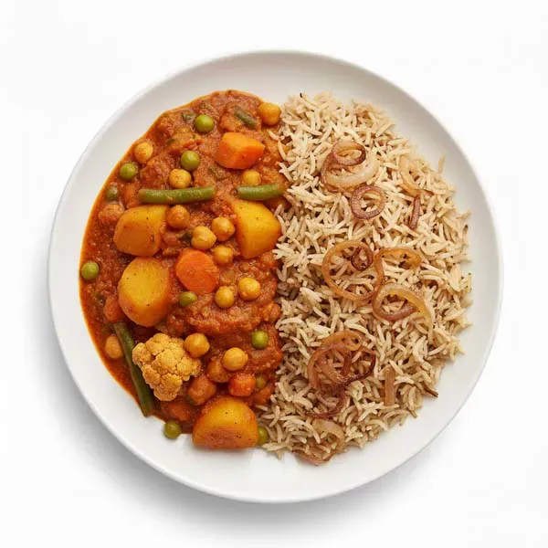 vegetable and chickpea curry with caramelised onion rice