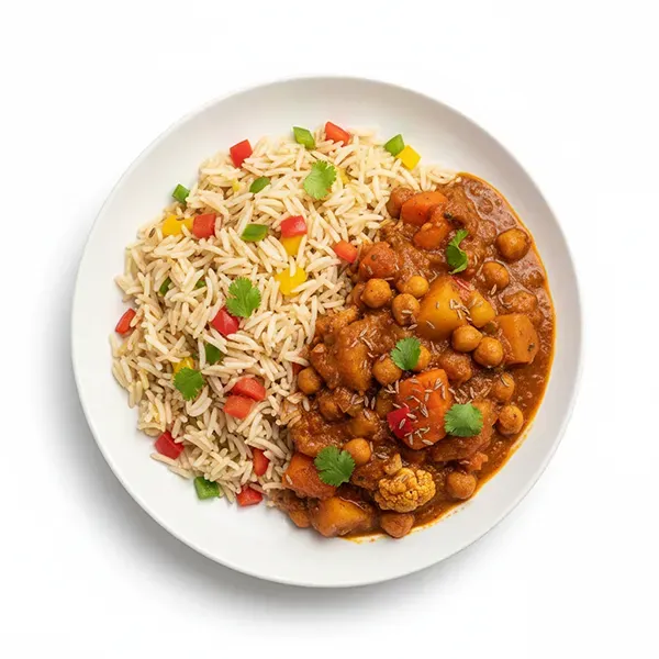 Vegetable and chickpea vindaloo with bell pepper rice