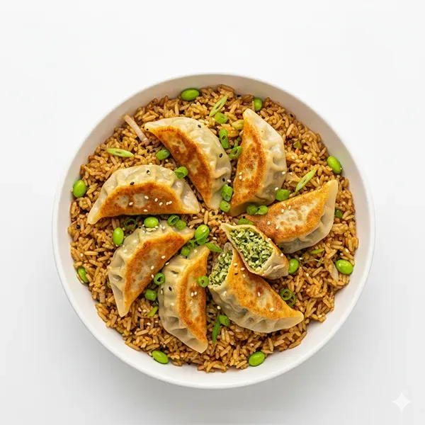 Vegetable Dumpling With  Scallion Edamame Fried rice