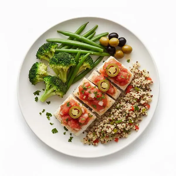 Veracruz Style Fish with Broccoli Haricot Beans Olive Medley and quinoa