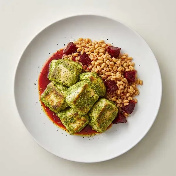 Vibrant Za’atar Green Chicken with Toasted Barley, Beetroot & Lemon-Tomato Reduction