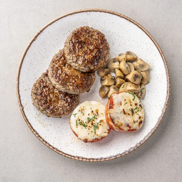Wagyu Beef Burger Bowl with Baked Tomato Mushroom and Side Salad