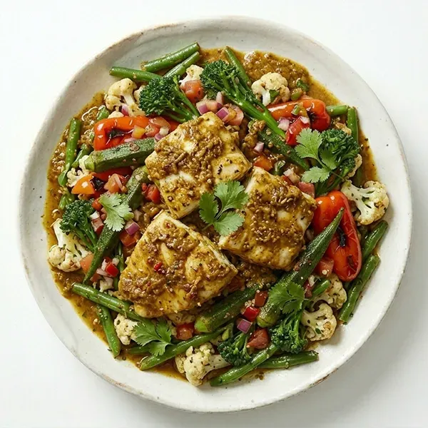 Xacuti fish with salsa glazed vegetable